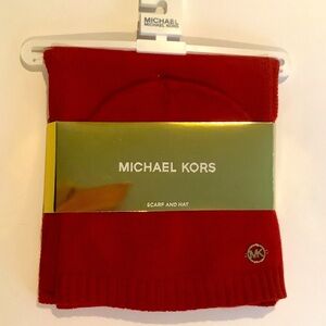 Michael Kors Classic Rib Scarf And Hat Set Red New